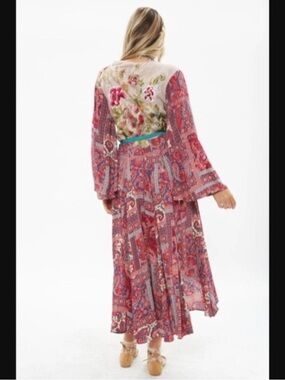 Aratta Boho Floral Patchwork Maxi Dress in Pink & Red
